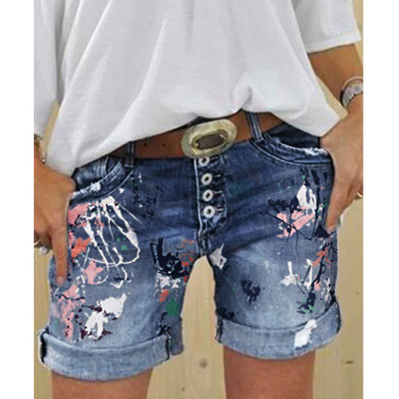 The Splash: High-Waist Printed Elastic Denim Shorts with Button Closure