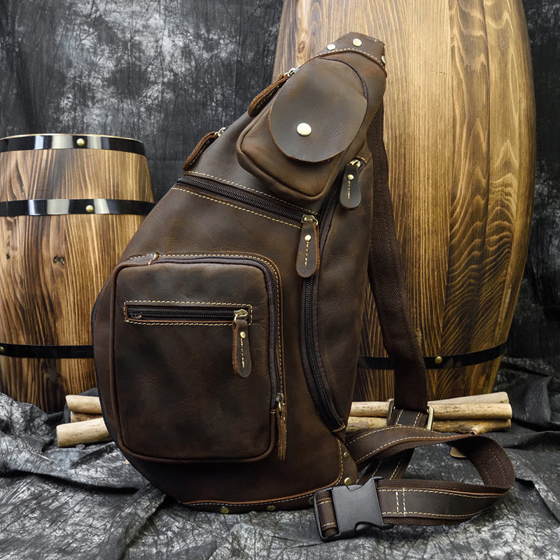 Retro Crazy Horse Leather Men's Chest Bag | Vintage Crossbody Sling
