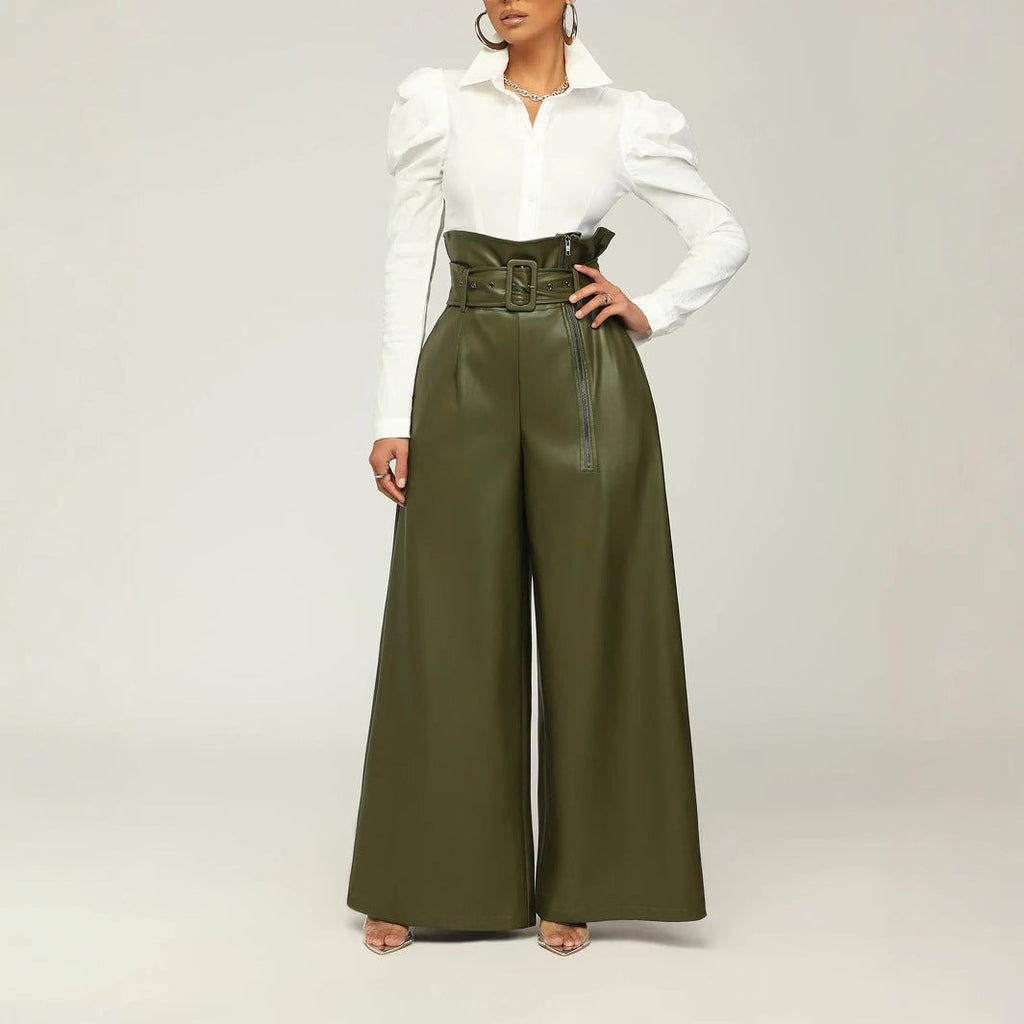 The Grandeur: High-Waist PU Leather Wide-Leg Pants with Belt-Blackorvani