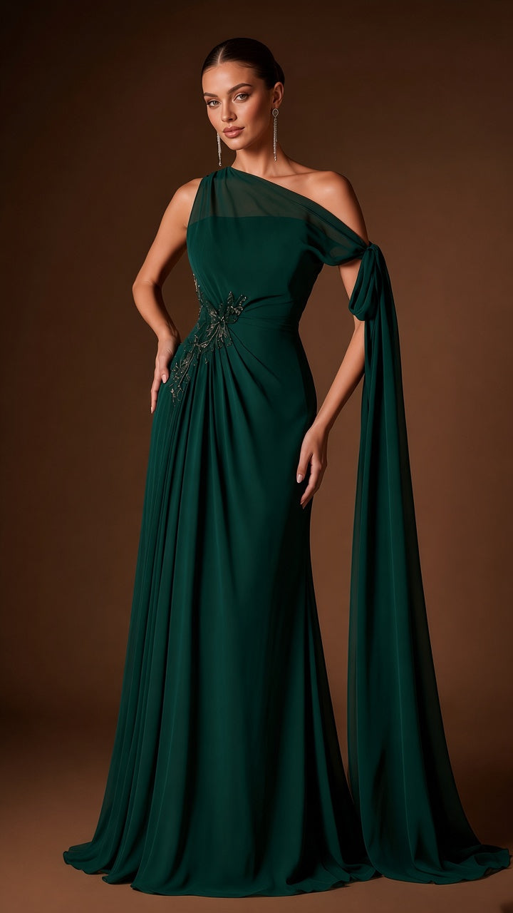 A woman modeling a floor-length dark green one-shoulder evening gown with a draped cape-style sleeve, fitted waist, and subtle embellishment at the bodice, photographed against a warm brown studio background-blackorvani