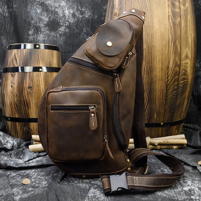 Retro Crazy Horse Leather Men's Chest Bag | Vintage Crossbody Sling