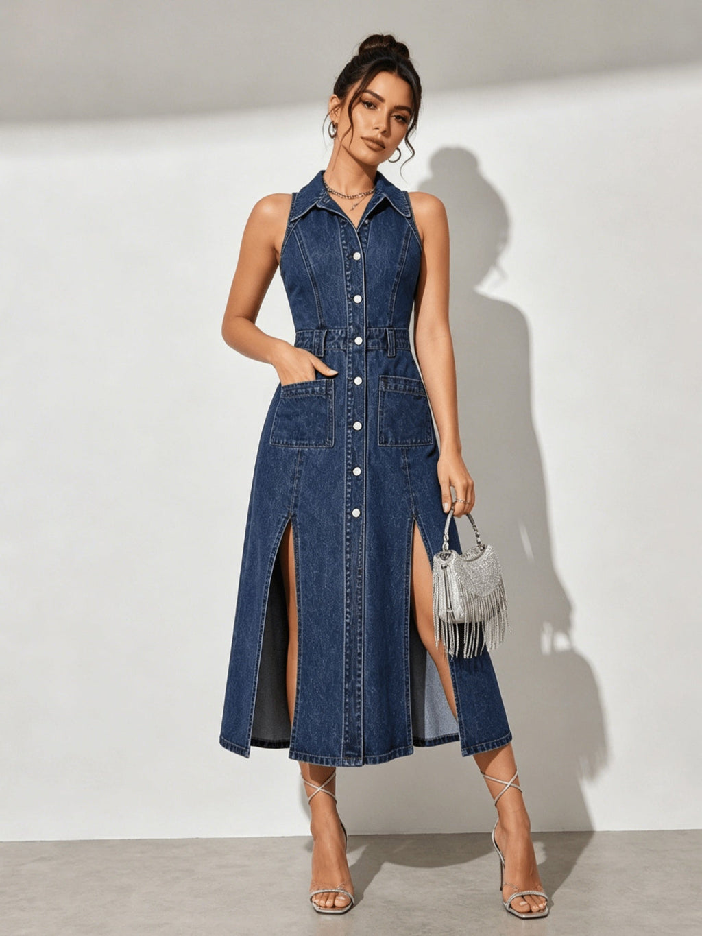 The Sovereign: Retro Washed Sleeveless Collared Denim Midi Dress-Blackorvani