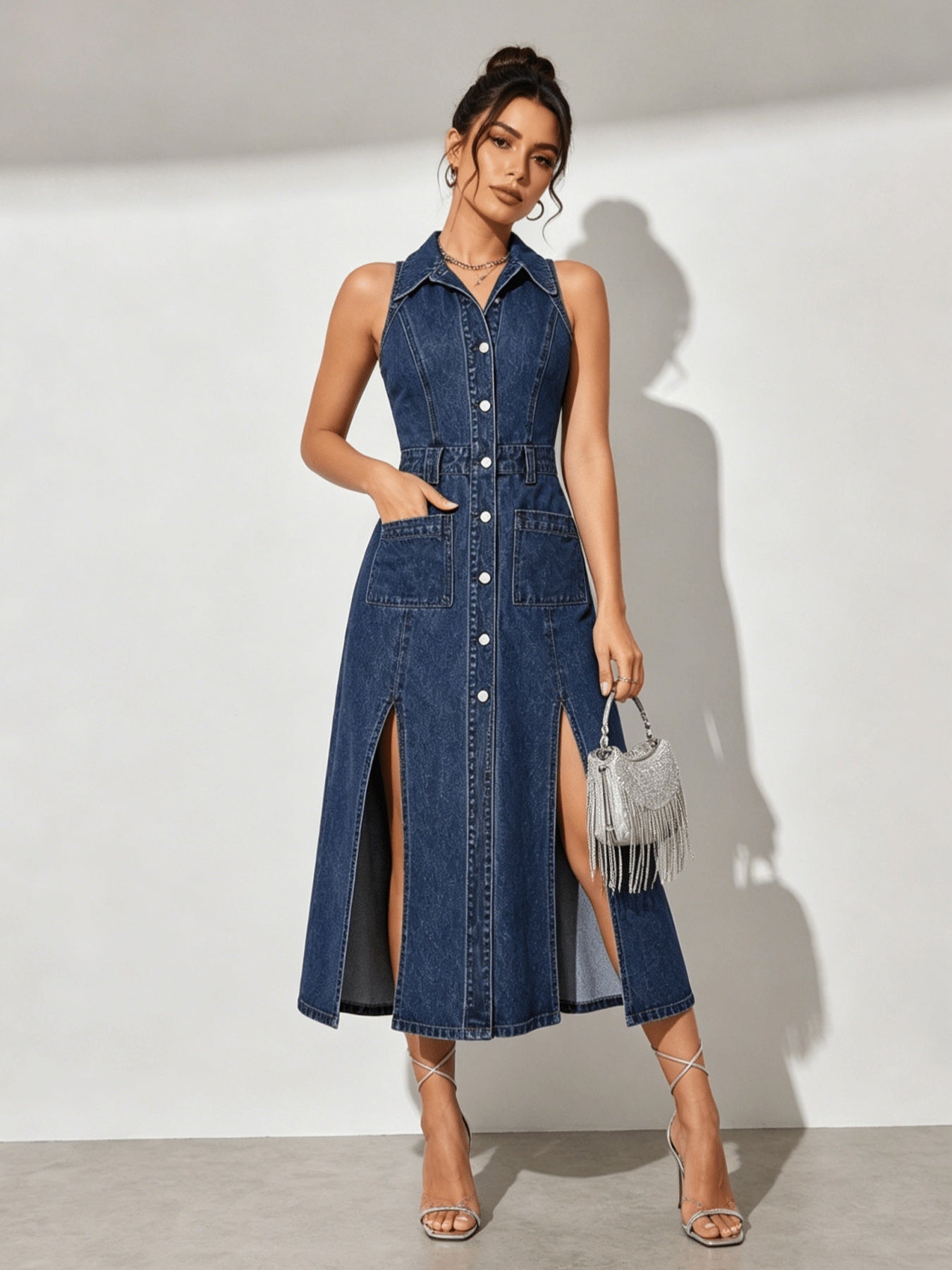 The Sovereign: Retro Washed Sleeveless Collared Denim Midi Dress-Blackorvani