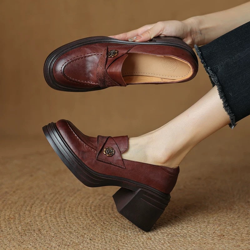 The Academia: Vintage Chunky Heel Leather Loafers