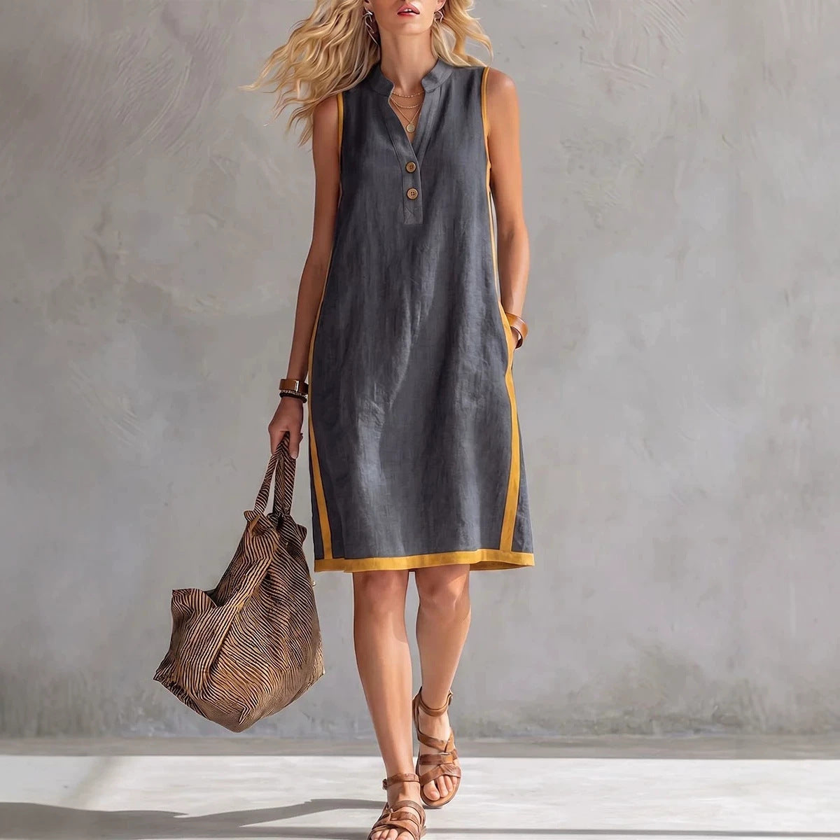 The Breeze: Sleeveless V-Neck Button-Front Pocketed A-Line Midi Dress