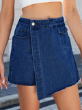 Blue denim skirt worn by a person with a blurred background-bblackorvani
