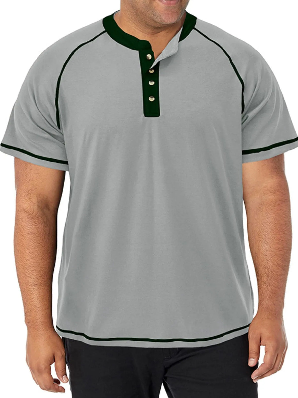 Gray short-sleeve shirt with green accents worn by a person on a white background
