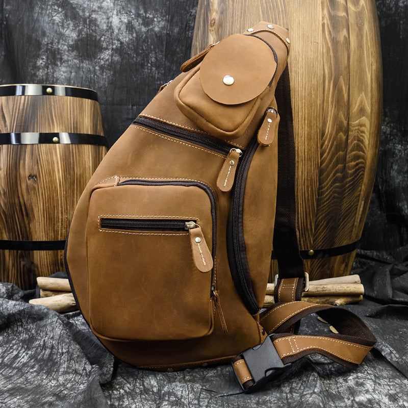 Retro Crazy Horse Leather Men's Chest Bag | Vintage Crossbody Sling