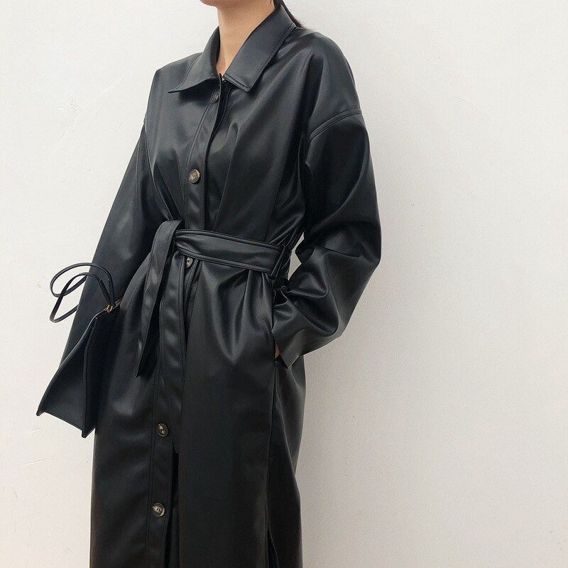 The Sovereign: Long PU Leather Coat with Polo Collar-Blackorvani