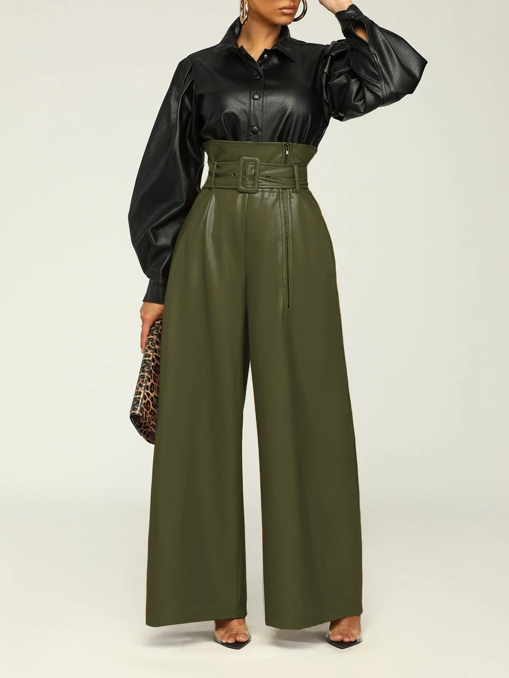 The Grandeur: High-Waist PU Leather Wide-Leg Pants with Belt-Blackorvani