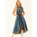 The Maverick: Sleeveless Denim Midi Dress with Irregular Hem