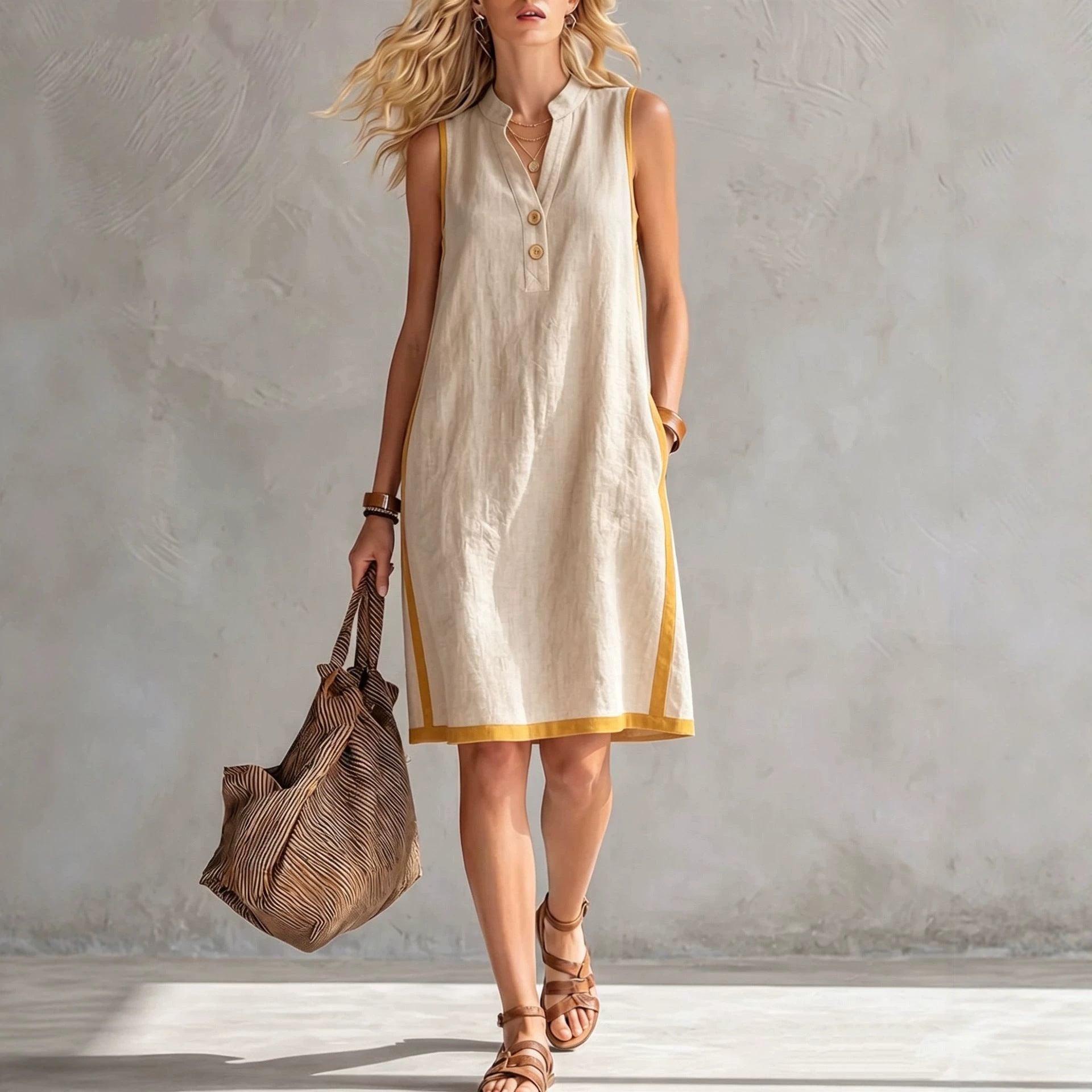 The Breeze: Sleeveless V-Neck Button-Front Pocketed A-Line Midi Dress