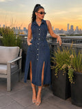 The Sovereign: Retro Washed Sleeveless Collared Denim Midi Dress-Blackorvani