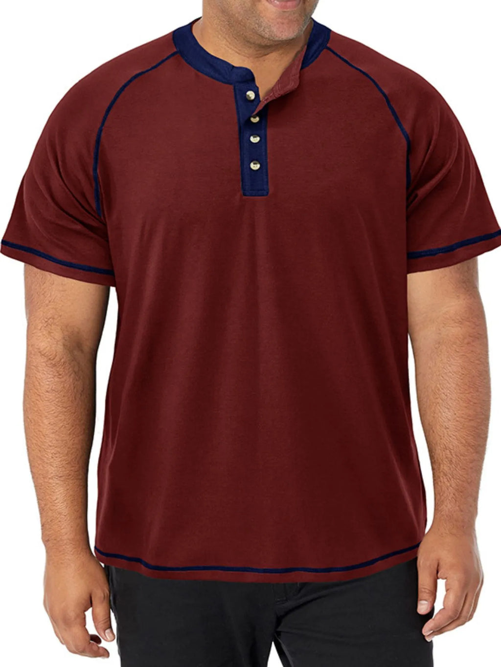 Maroon short-sleeve shirt with blue accents worn by a person on a white background