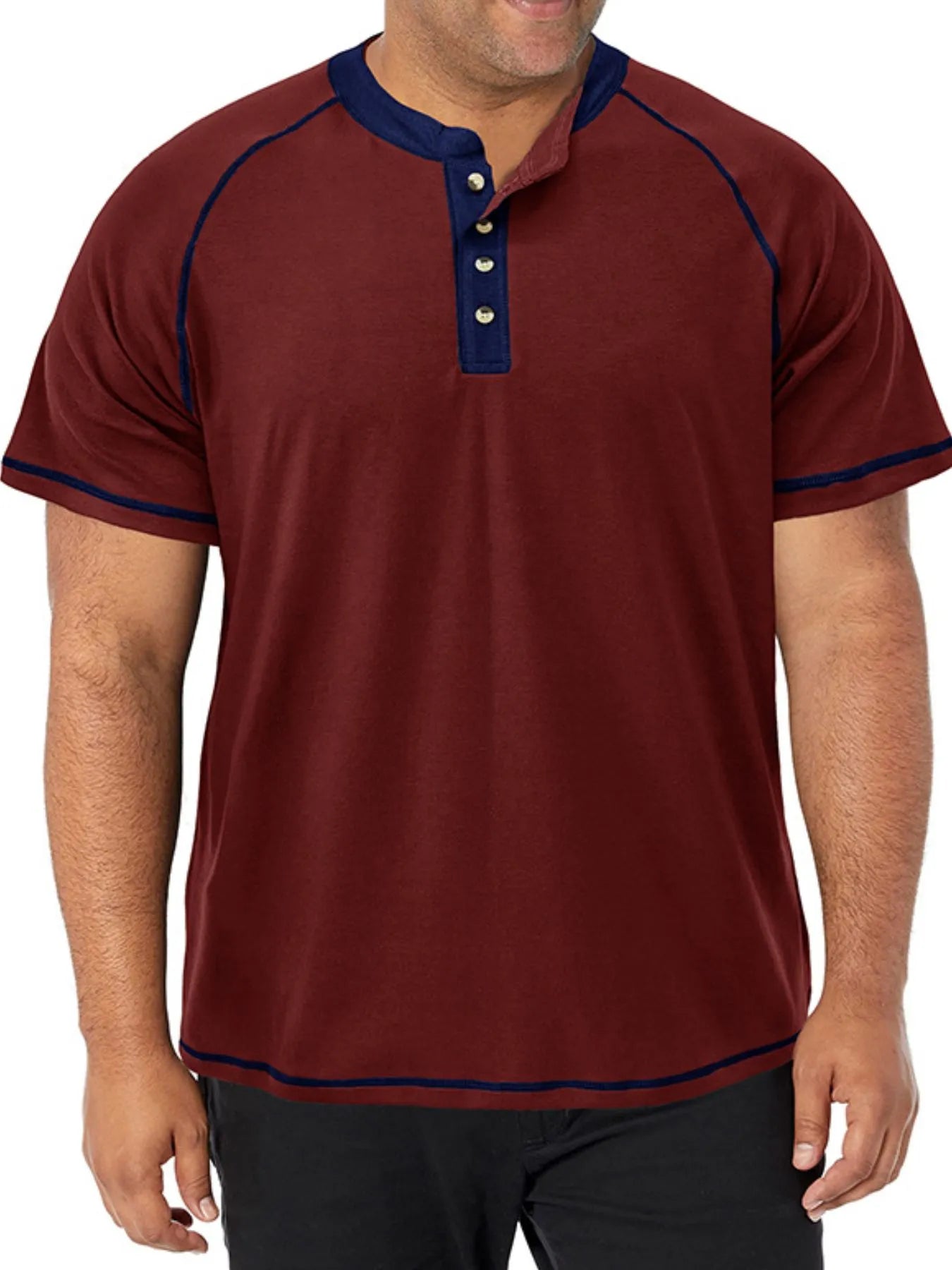 Maroon short-sleeve shirt with blue accents worn by a person on a white background