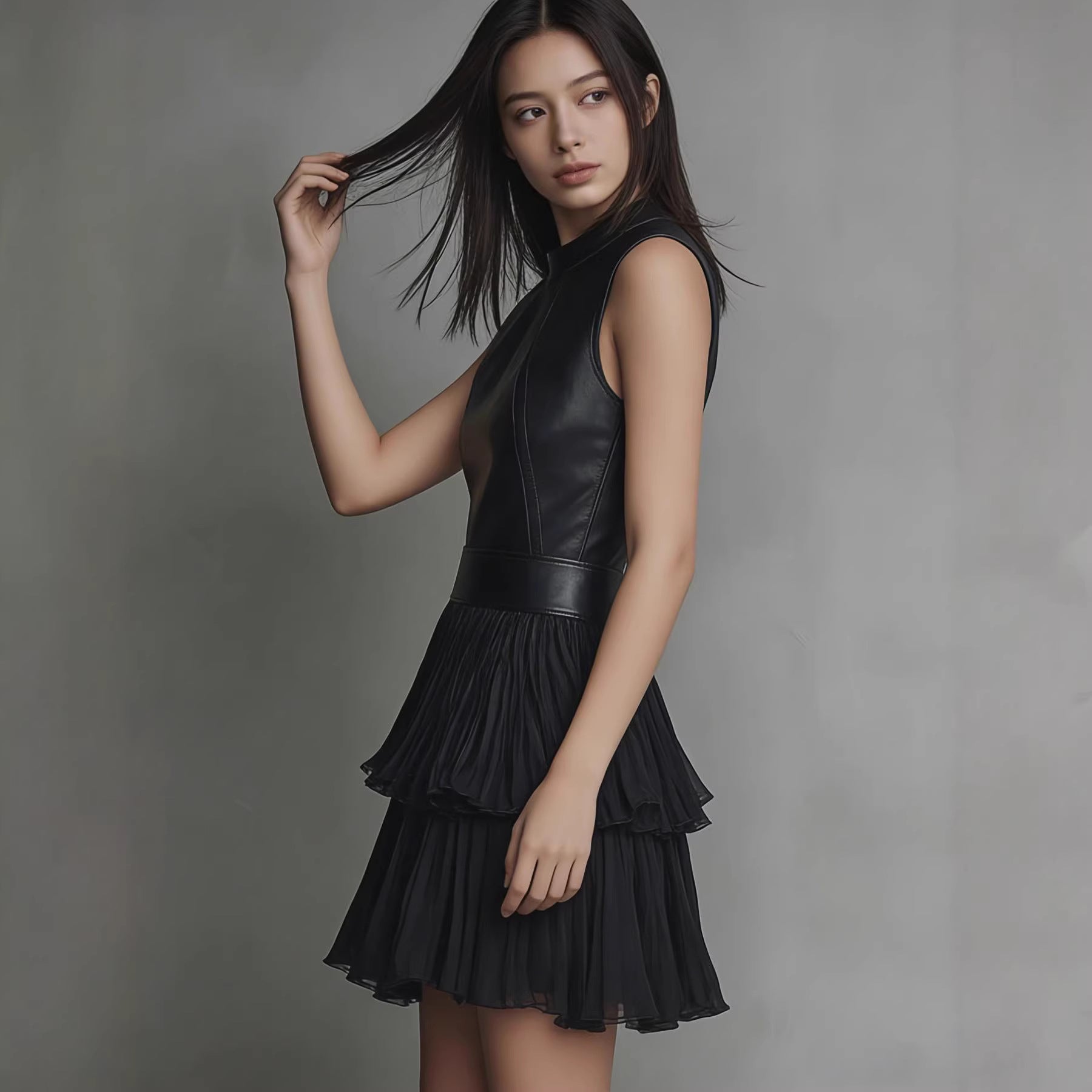 The Nocturne: PU Leather Spliced Double-Ruffle Mini Dress