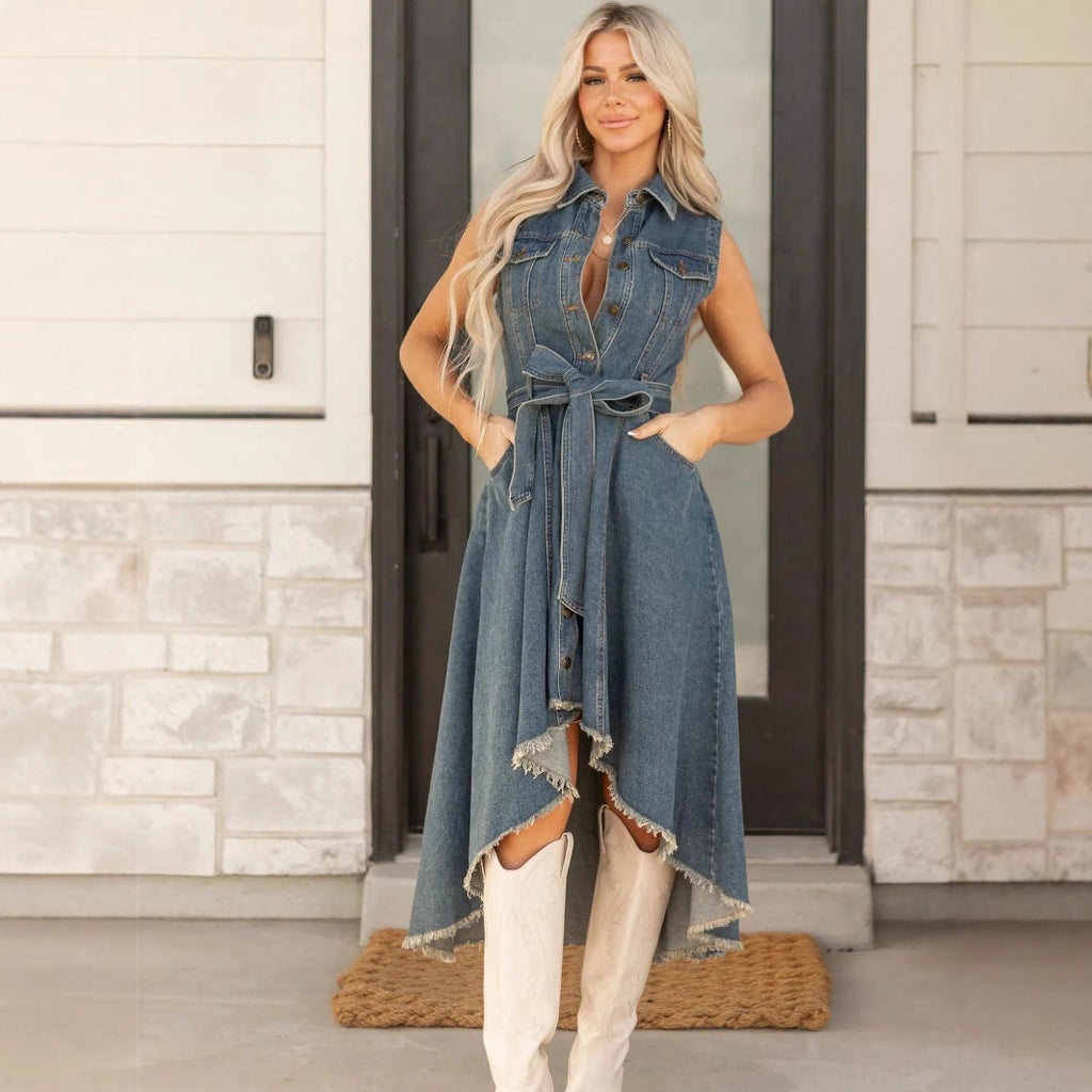 The Maverick: Sleeveless Denim Midi Dress with Irregular Hem