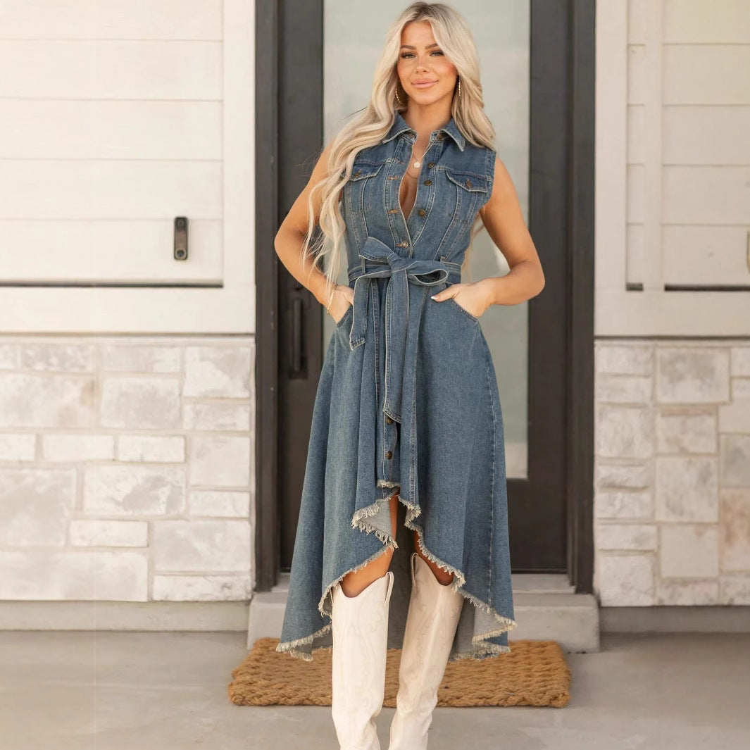 The Maverick: Sleeveless Denim Midi Dress with Irregular Hem