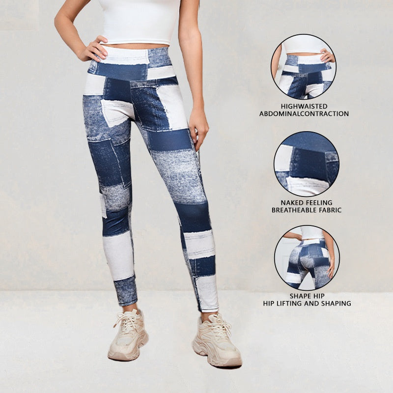 The Grid: Plaid Peach Print High-Waist Tummy Control Yoga Leggings-Blackorvani