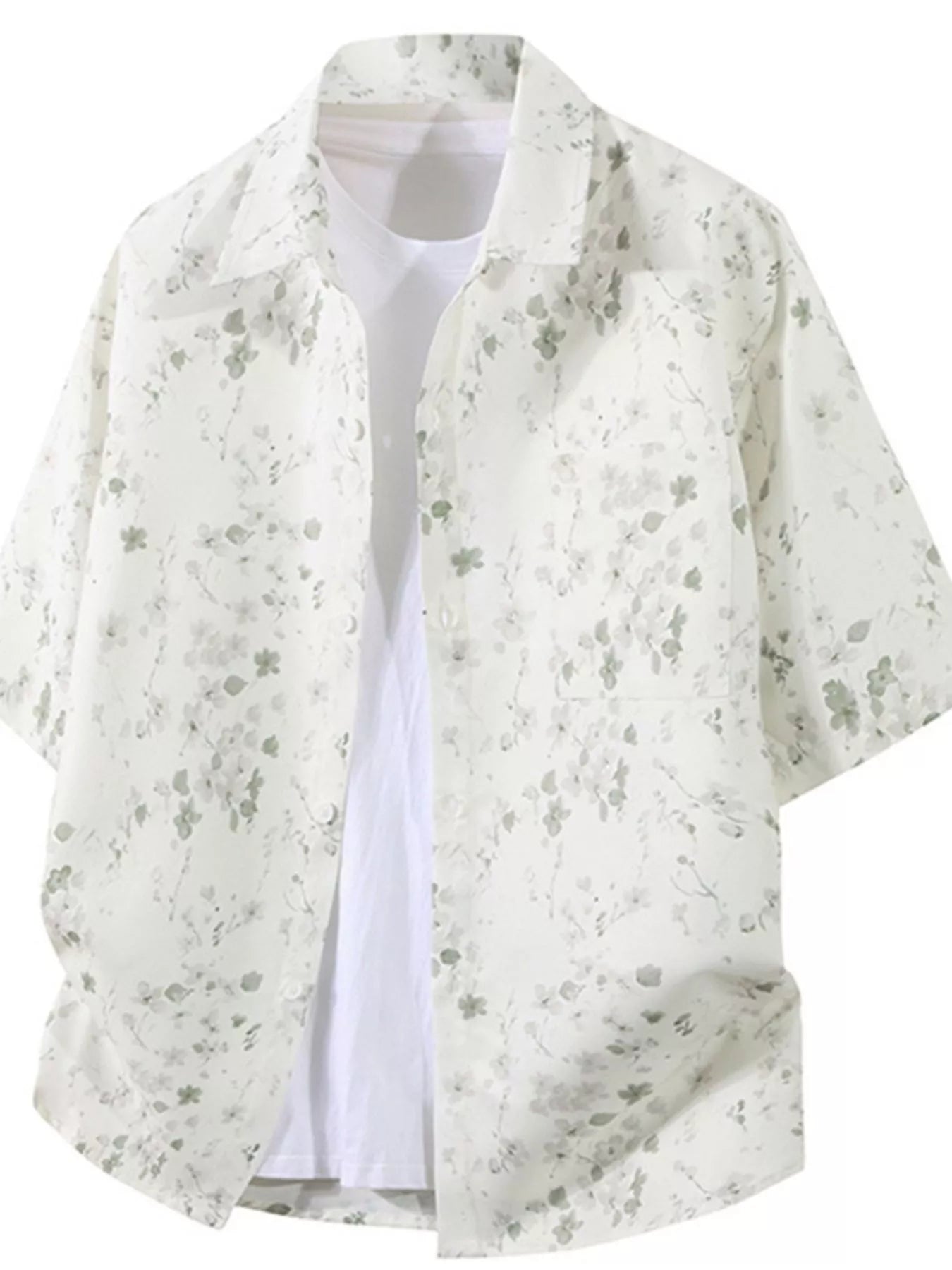 Light floral patterned jacket over a white shirt on a white background