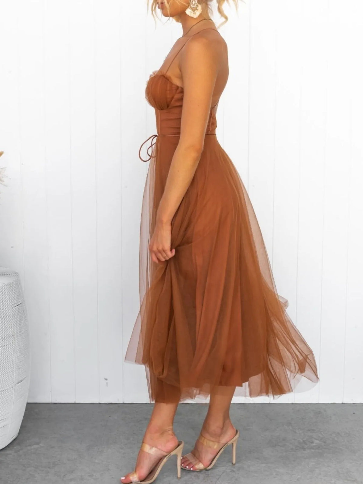 Woman wearing a brown dress with sheer overlay against a white background-blackorvani.com