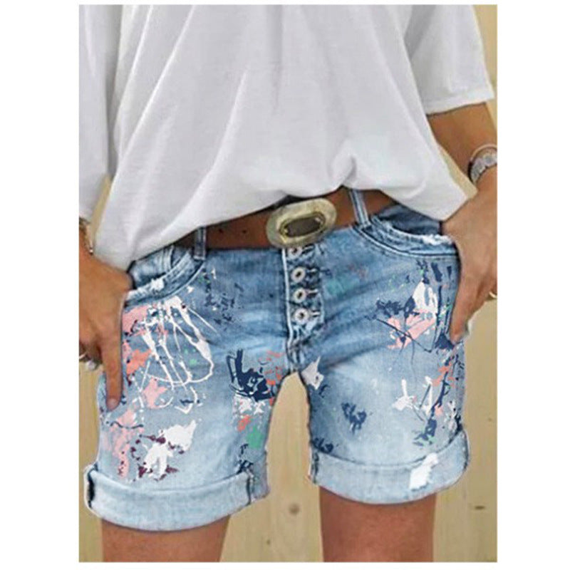 The Splash: High-Waist Printed Elastic Denim Shorts with Button Closure
