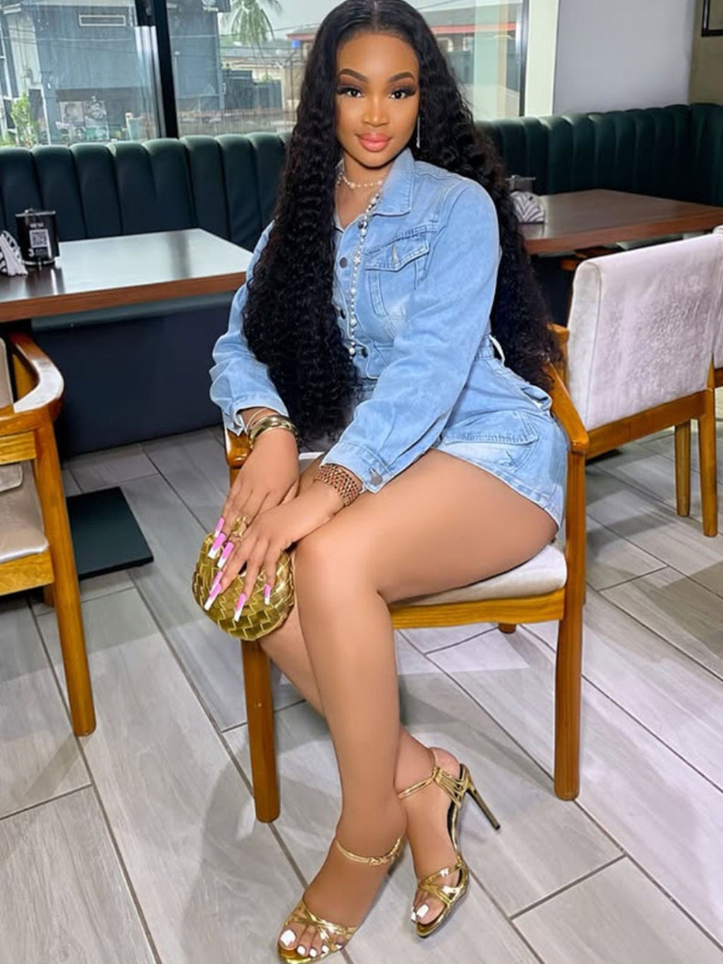 The Enigma: High-Waisted Washed Denim Mini Dress with Multi-Pockets