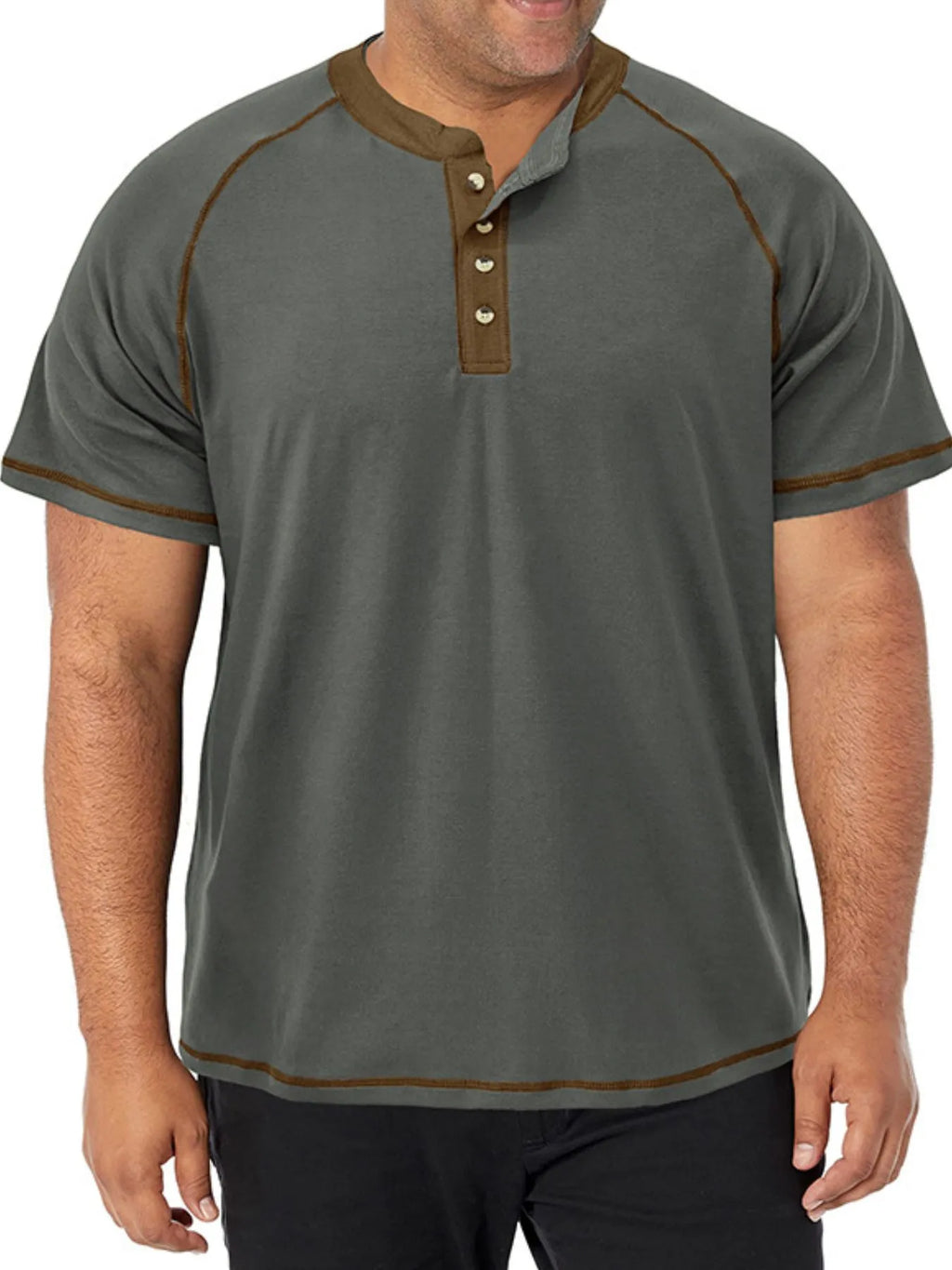 Man wearing a gray short-sleeve shirt with brown accents on a white background