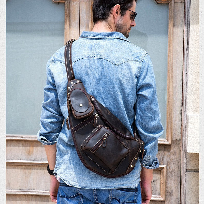 Retro Crazy Horse Leather Men's Chest Bag | Vintage Crossbody Sling