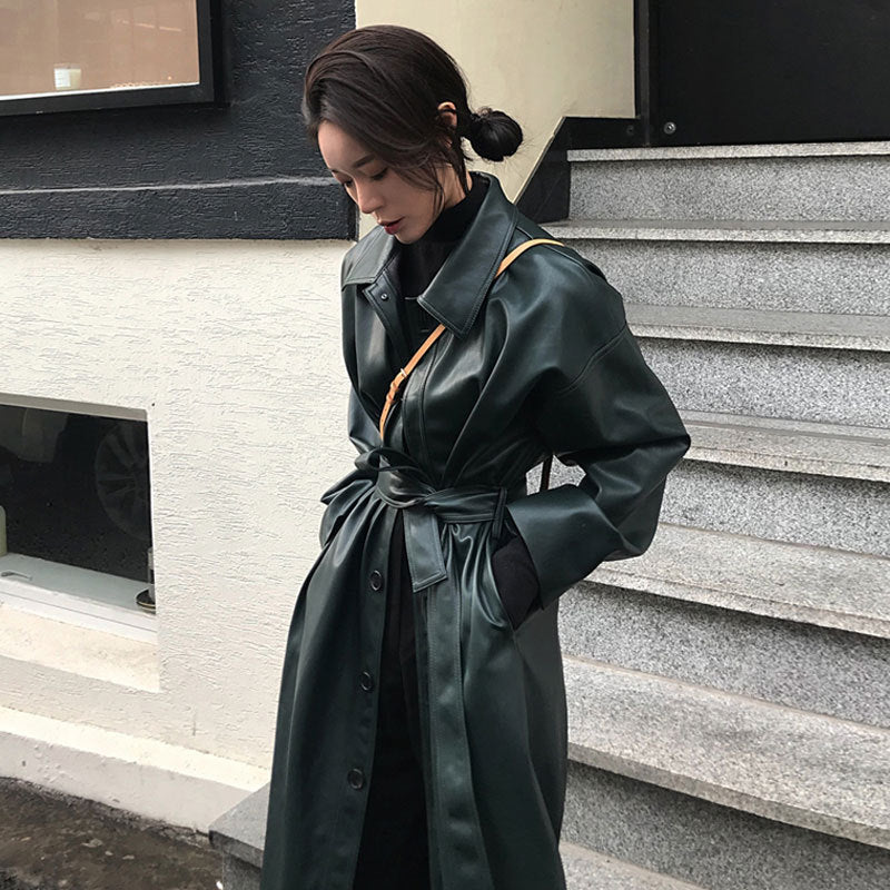 The Sovereign: Long PU Leather Coat with Polo Collar-Blackorvani