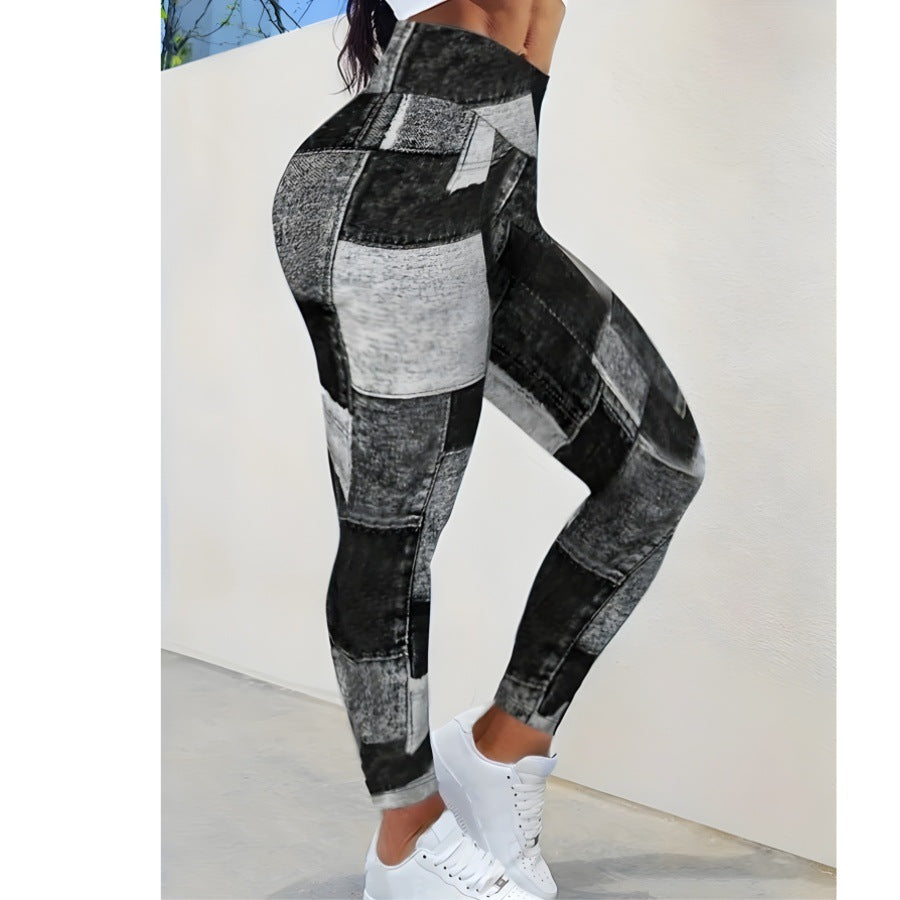 The Grid: Plaid Peach Print High-Waist Tummy Control Yoga Leggings-Blackorvani