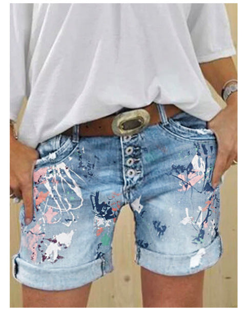 The Splash: High-Waist Printed Elastic Denim Shorts with Button Closure