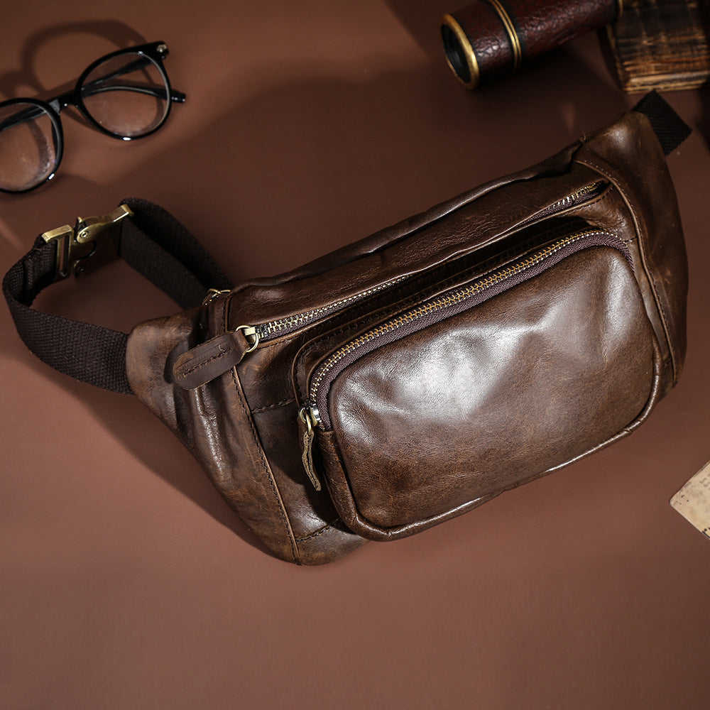 Simple Retro First-Layer Cowhide Men's Chest Bag | Vintage Crossbody Sling