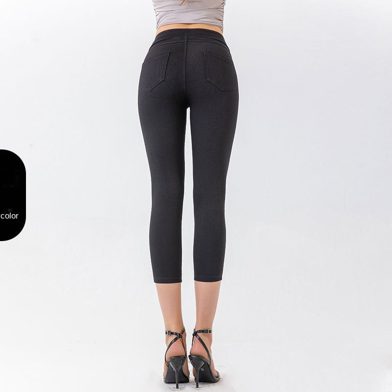 The Sculpt: Denim-Look Capri Yoga Pants with Tummy Control-Blackorvani