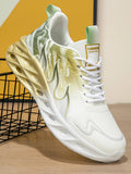 White and green sneaker with a thick sole on a wooden surface.