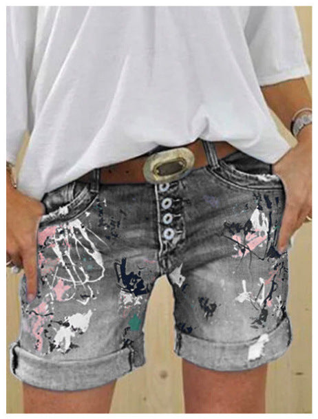 The Splash: High-Waist Printed Elastic Denim Shorts with Button Closure