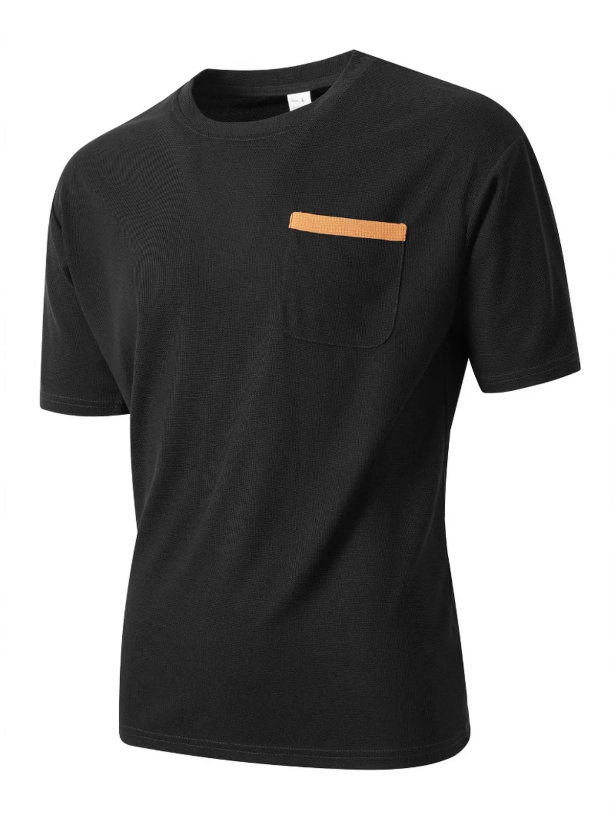 Black t-shirt with a brown pocket on a white background