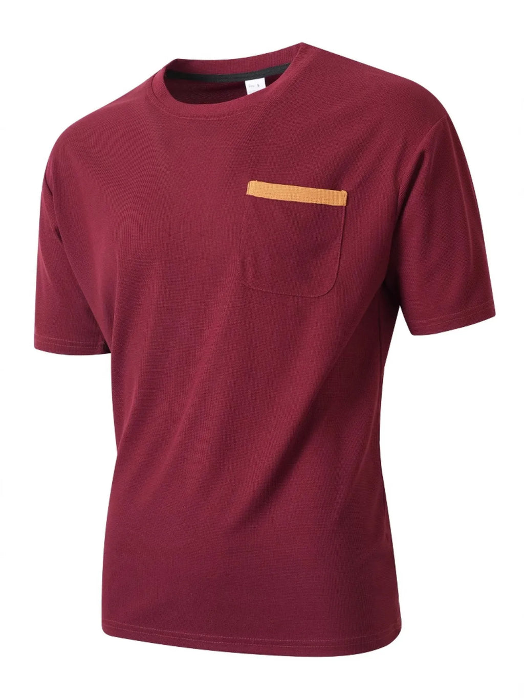 Maroon t-shirt with a yellow pocket on a white background