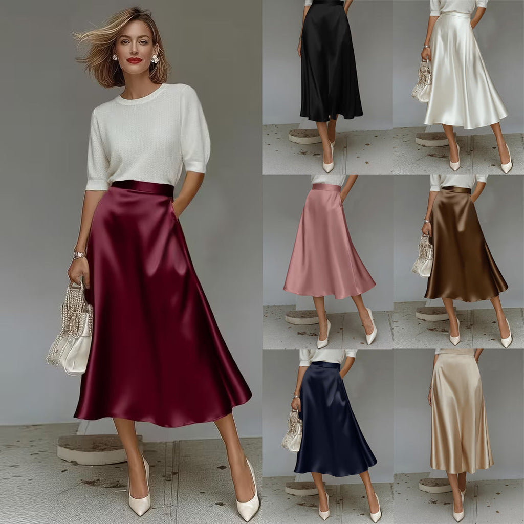 A woman models a satin midi skirt in multiple colors on the left, with six additional color options shown in a vertical column on the right. The skirt is paired with a white short-sleeve top in all views.