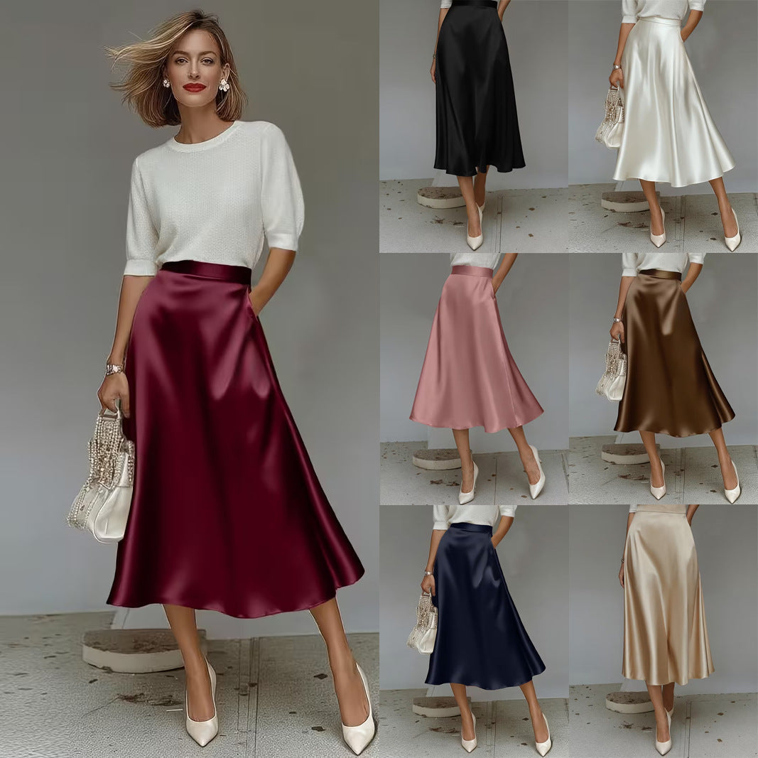 A woman models a satin midi skirt in multiple colors on the left, with six additional color options shown in a vertical column on the right. The skirt is paired with a white short-sleeve top in all views.