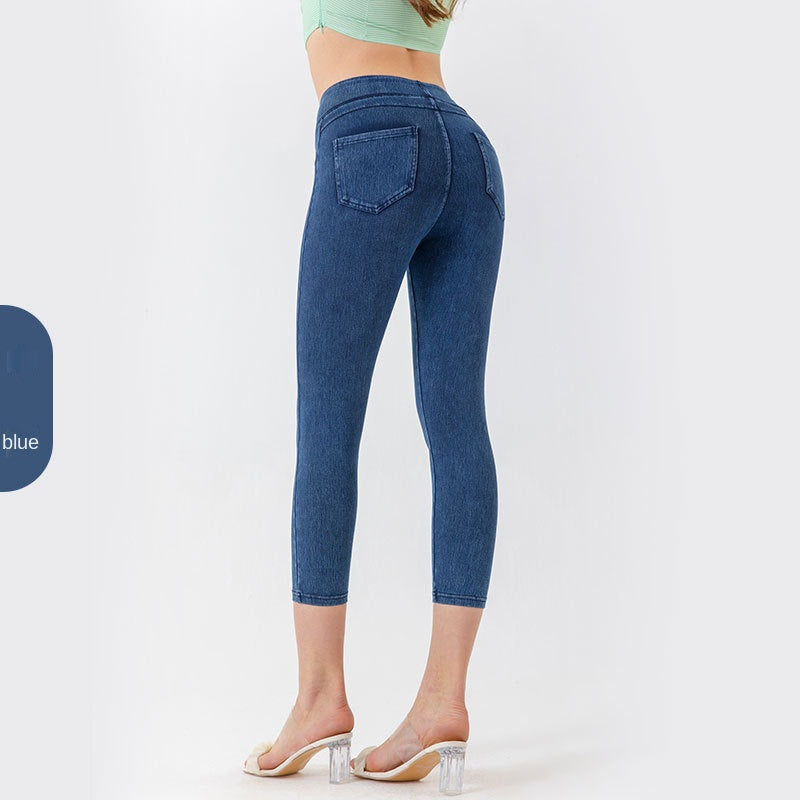 The Sculpt: Denim-Look Capri Yoga Pants with Tummy Control-Blackorvani