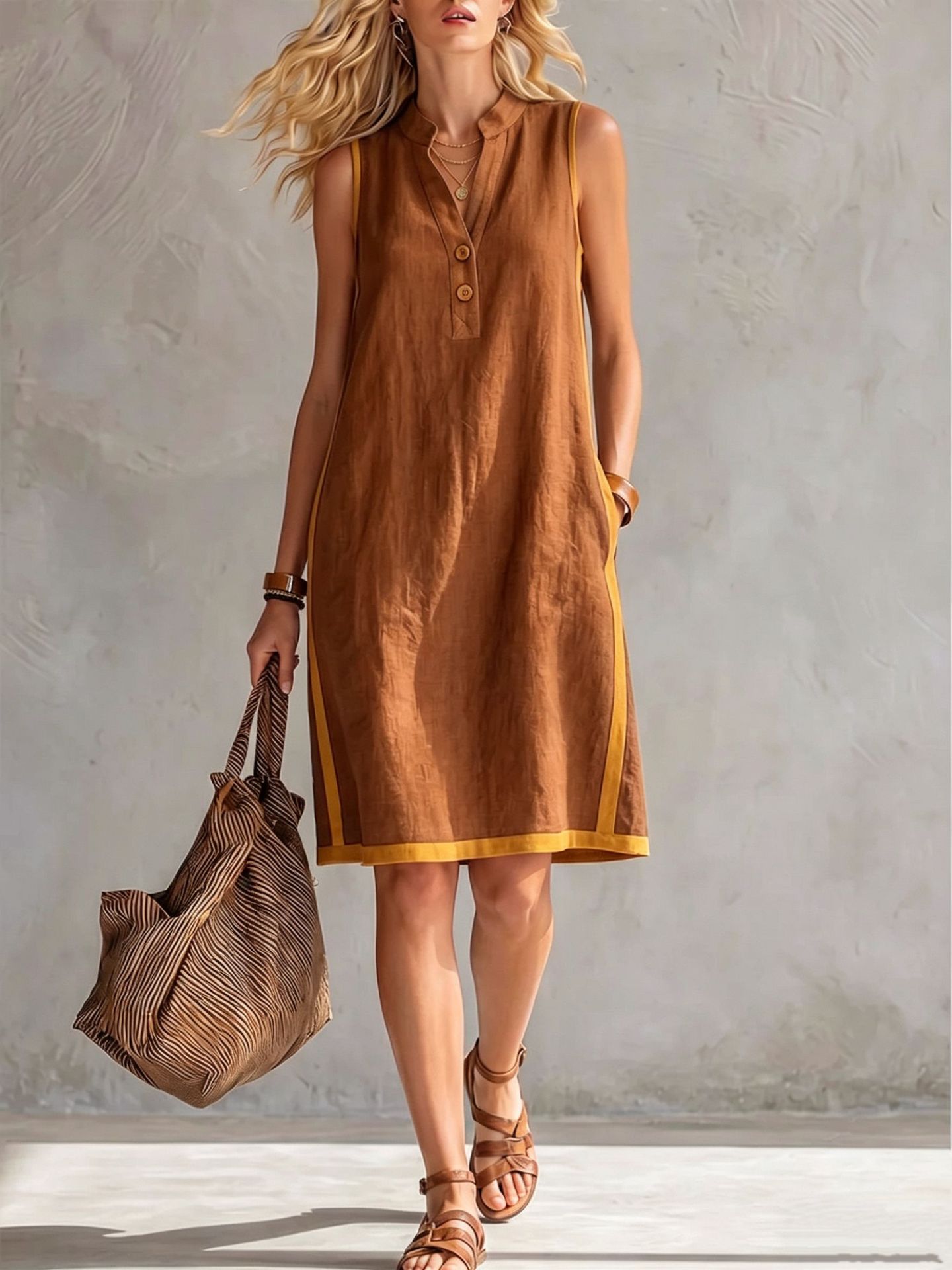 The Breeze: Sleeveless V-Neck Button-Front Pocketed A-Line Midi Dress