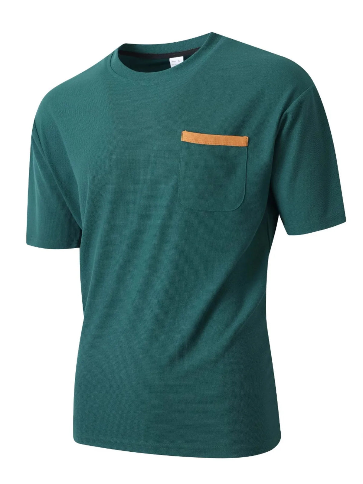 Green t-shirt with a brown pocket on a white background