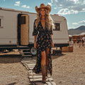 The Bohemian: Floral Printed A-Line Half Sleeve Midi Dress-Blackorvani