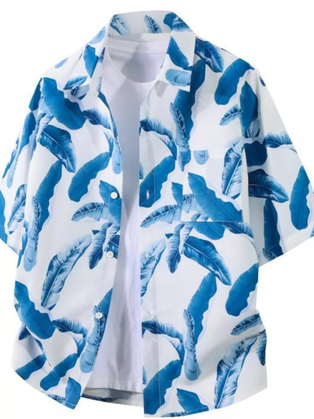 Blue and white floral patterned shirt on a white background