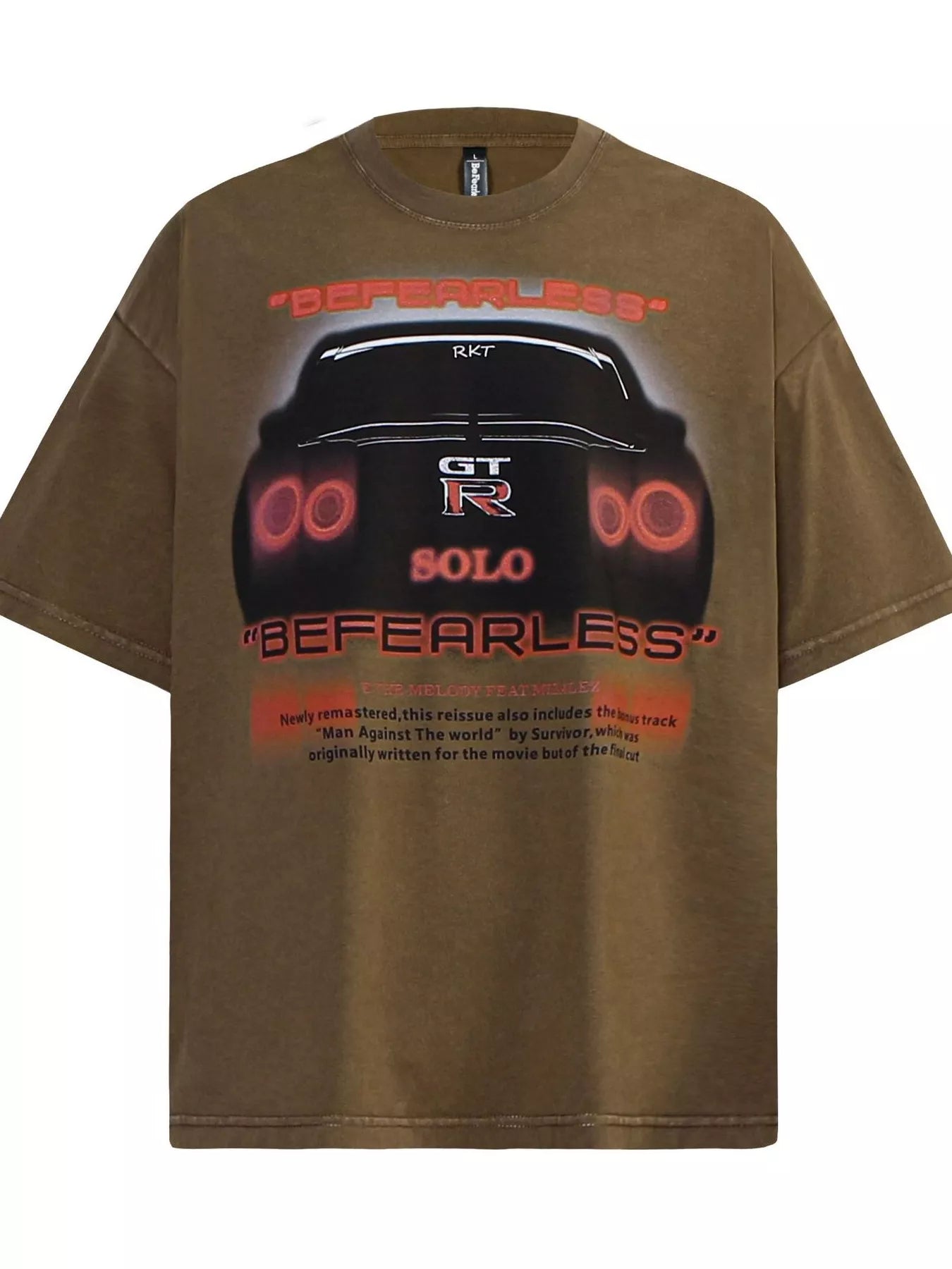 Brown t-shirt with car graphic and text on a white background-blackorvani.com