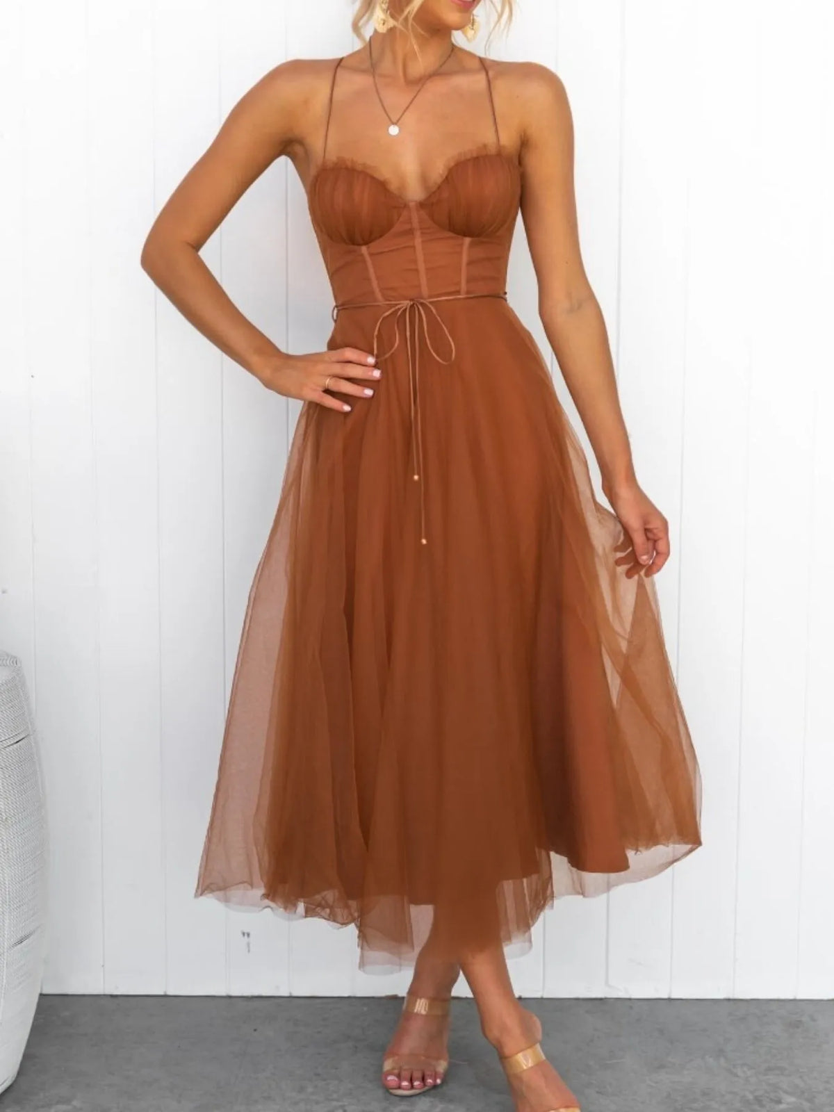 Brown sheer dress worn by a model on a white background-blackorvani.com