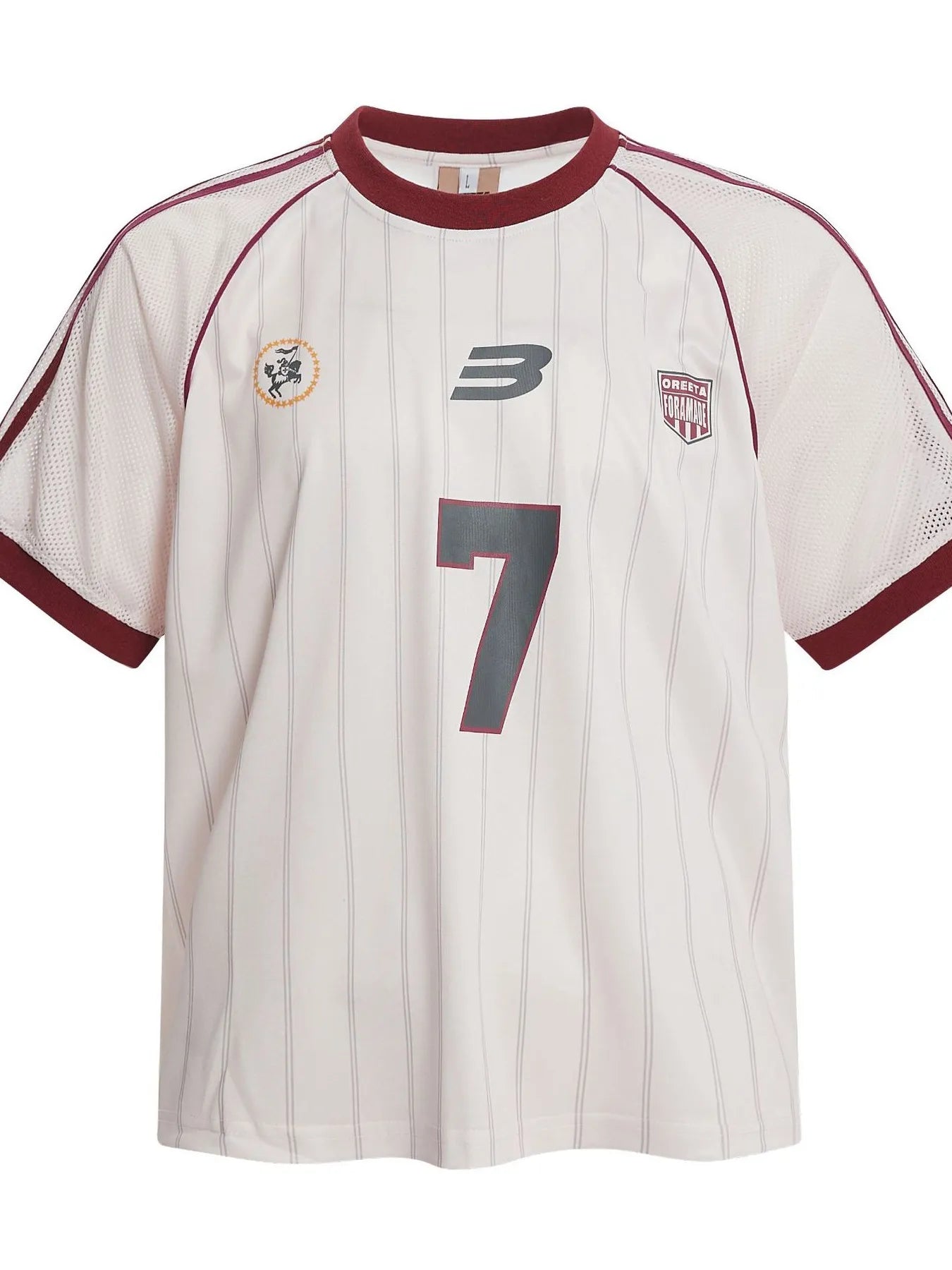 White sports jersey with maroon accents, number 7, and logos on a white background-blackorvani.com