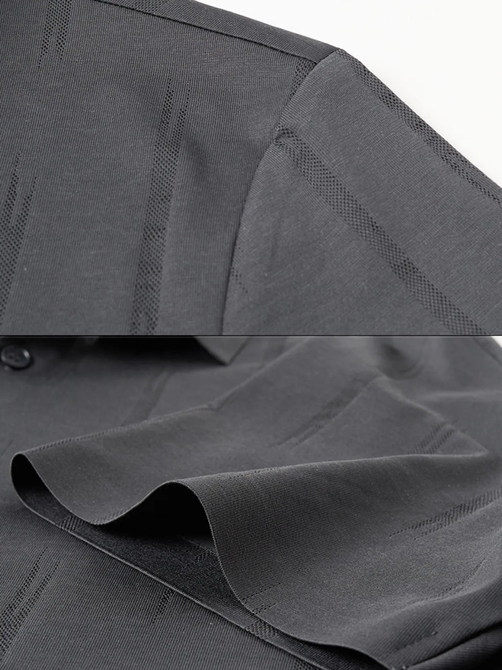 Close-up of a gray shirt with textured fabric and button details on a white background-blackorvani.com