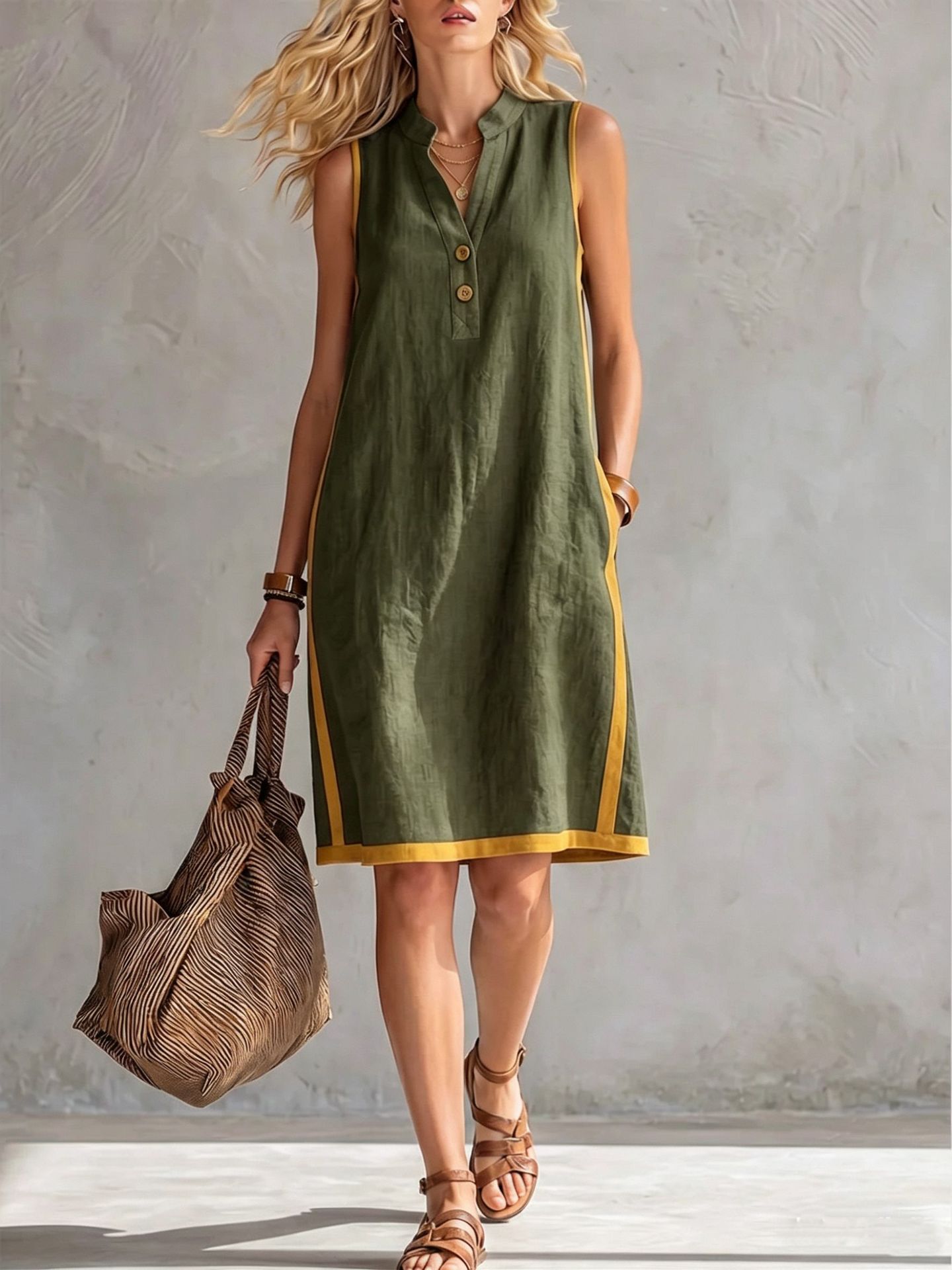 The Breeze: Sleeveless V-Neck Button-Front Pocketed A-Line Midi Dress